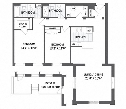 Floor plan for 2 beds, 2 baths, 1231 sqft